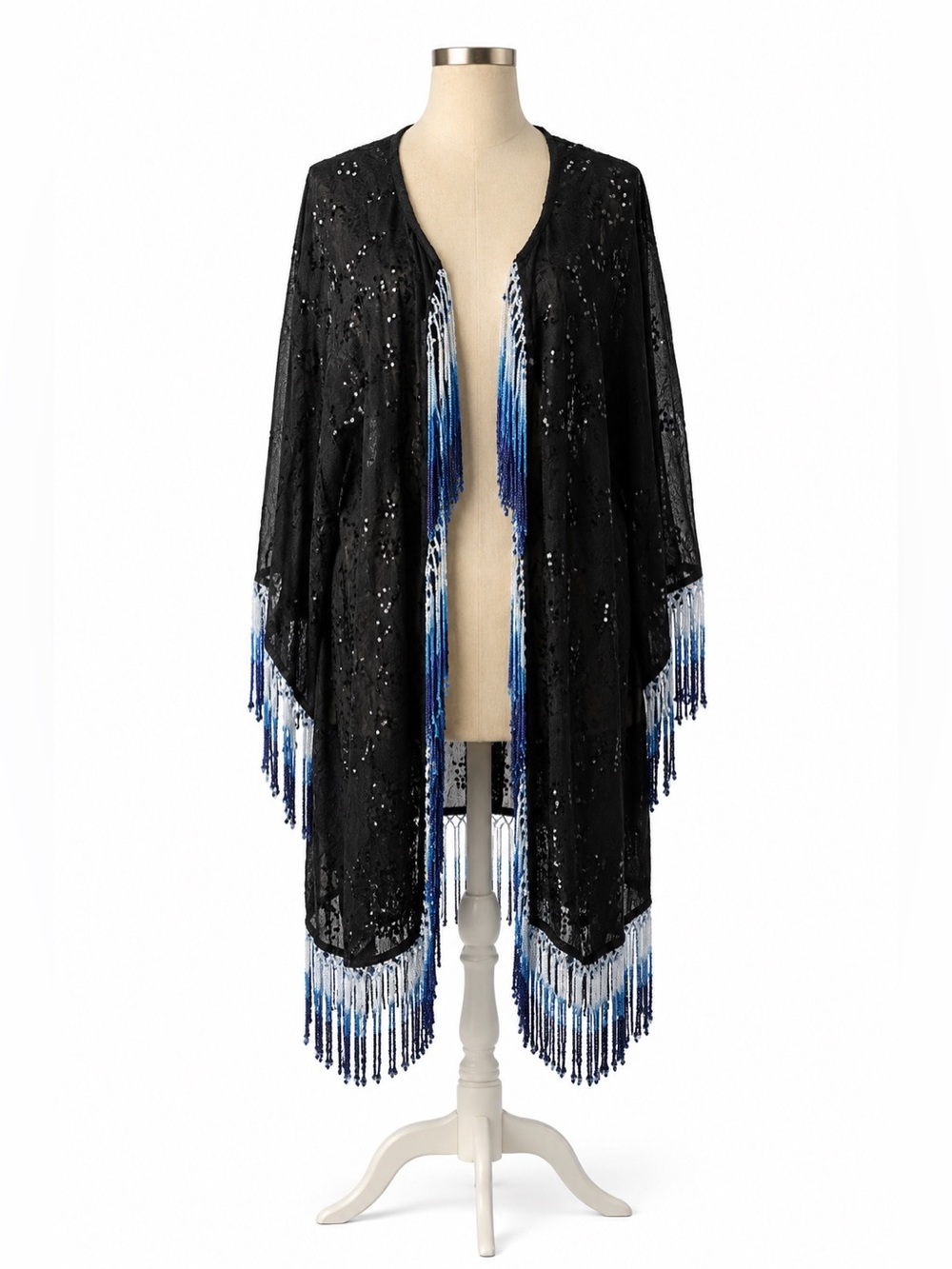 inLuv Black Eyelet Lace Kimono Fringe Duster Medium Boho Festival Western